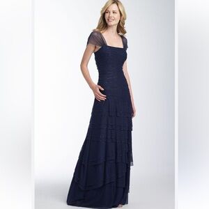 JS Collections Elegant Navy Tiered One Shoulder Gown